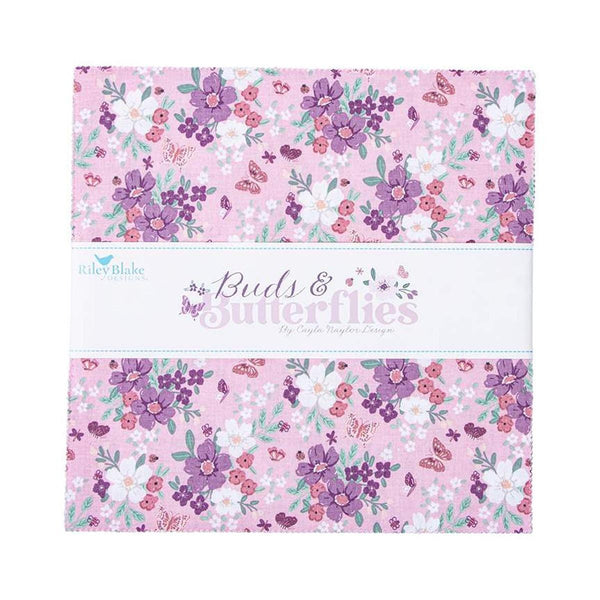 Image of the Buds & Butterflies 10 inch Stacker by Cayla Naylor for Riley Blake Designs. Features floral fabrics on pink, purple, and blue backgrounds. 
Cute Little Fabric Shop