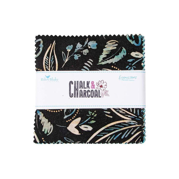 Image of the Expressions Batiks Chalk and Charcoal 5 inch Stacker A. Features floral batik flowers with teal, blue, and green colors. 
Cute Little Fabric Shop