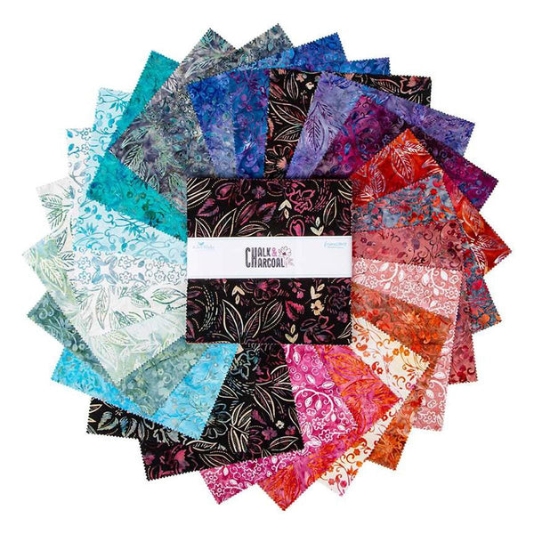 Image of the Expressions Batiks Chalk and Charcoal 10 inch Stacker C. Features floral batik flowers with blue, teal, pink, purple and green colors. 
Cute Little Fabric Shop