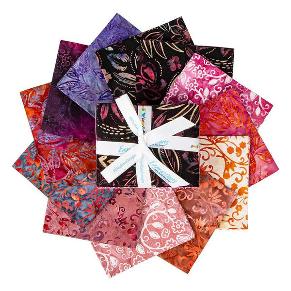 Image of the Expressions Batiks Chalk and Charcoal Fat Quarter Bundle B. Features floral batik flowers with red, orange, purple, and pink colors. 
Cute Little Fabric Shop