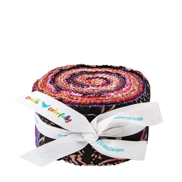 Image of the Expressions Batiks Chalk and Charcoal Rolie Polie B. Features floral batik flower fabrics with red, pink, and purple colors. 
Cute Little Fabric Shop