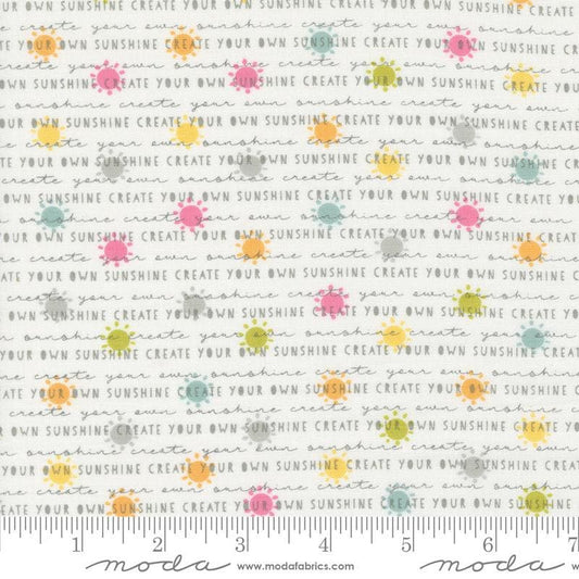Image of the Shine Text Cloud quilting cotton fabric by Sweetwater for Moda Fabrics. Features text with sunshines on a cream white background. 
Cute Little Fabric Shop