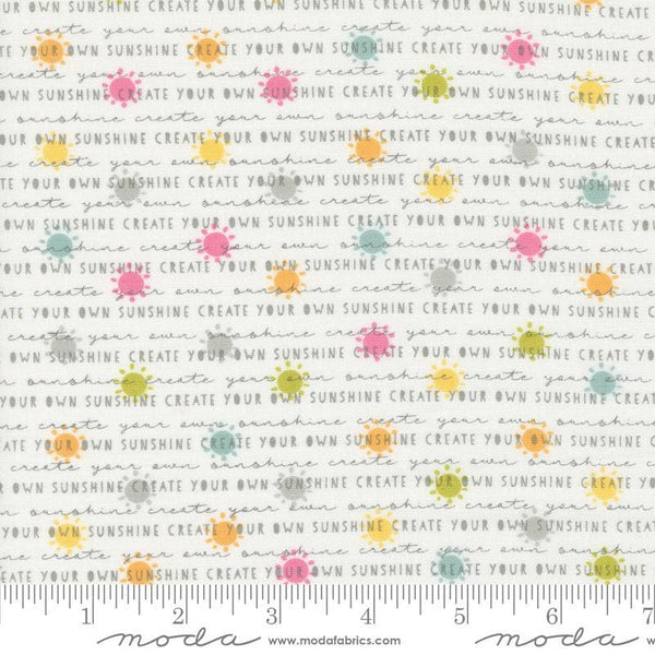 Image of the Shine Text Cloud quilting cotton fabric by Sweetwater for Moda Fabrics. Features text with sunshines on a cream white background. 
Cute Little Fabric Shop
