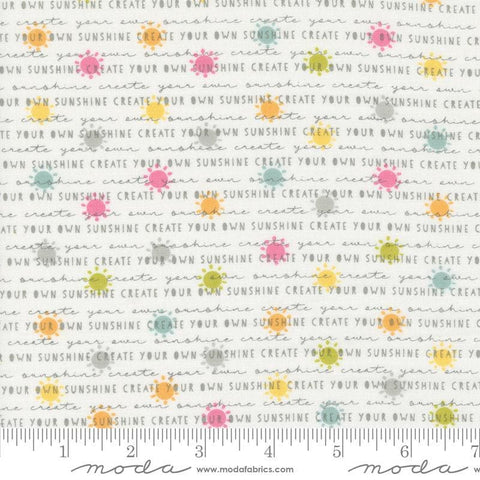 Image of the Shine Text Cloud quilting cotton fabric by Sweetwater for Moda Fabrics. Features text with sunshines on a cream white background. 
Cute Little Fabric Shop