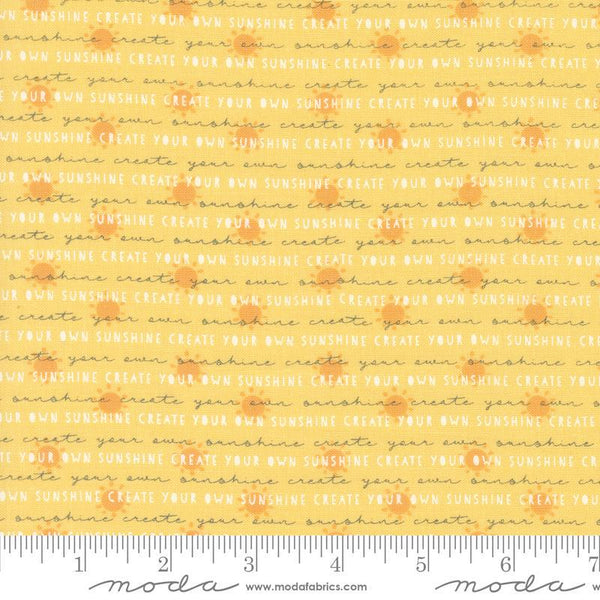 Image of the Shine Text Sun quilting cotton fabric by Sweetwater for Moda Fabrics. Features text with sunshines on a light yellow background. 
Cute Little Fabric Shop