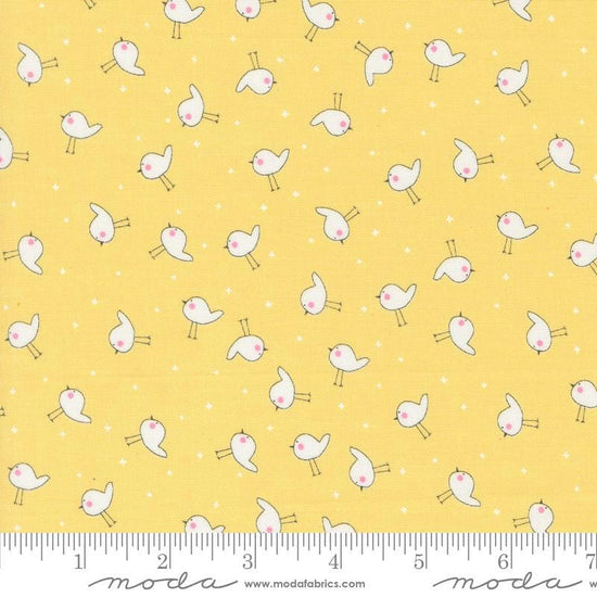 Image of the Shine Birdie Sun quilting cotton fabric by Sweetwater for Moda Fabrics. Features small birds on a light yellow background. 
Cute Little Fabric Shop