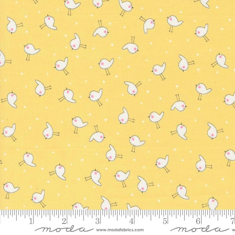 Image of the Shine Birdie Sun quilting cotton fabric by Sweetwater for Moda Fabrics. Features small birds on a light yellow background. 
Cute Little Fabric Shop