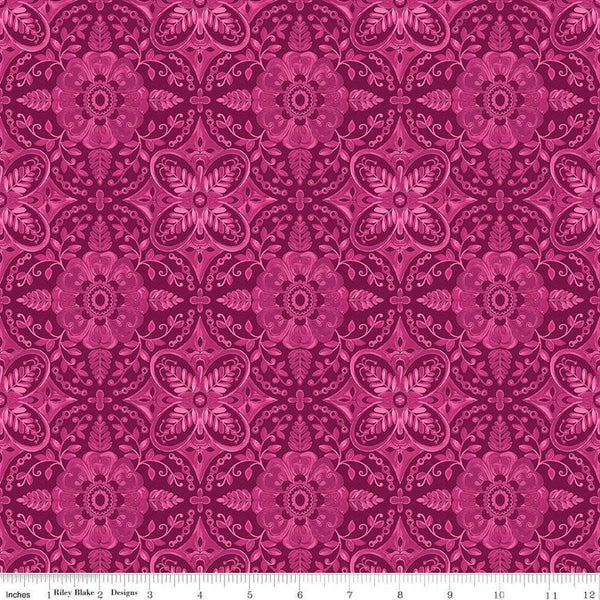 Poppies and Plumes Damask C14292 Wine by Riley Blake Designs - Damask Medallions - Quilting Cotton Fabric