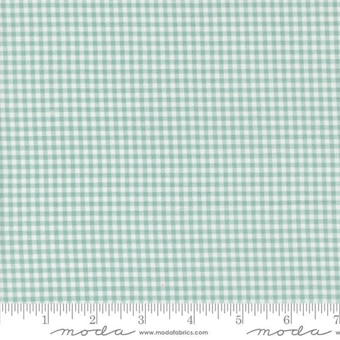 Image of the Shine Checks Sky quilting cotton fabric by Sweetwater for Moda Fabrics. Features a small light aqua printed gingham fabric. 
Cute Little Fabric Shop