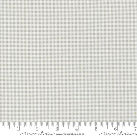 Image of the Shine Checks Stormy quilting cotton fabric by Sweetwater for Moda Fabrics. Features a light gray printed gingham fabric. 
Cute Little Fabric Shop