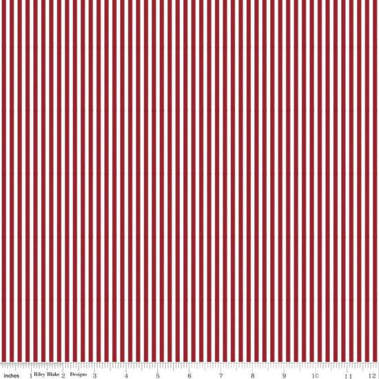 Image of the Dahlia Red eighth inch stripe on white quilting cotton fabric by Riley Blake Designs. Features a dark red stripes fabric with a white background. 
Cute Little Fabric Shop