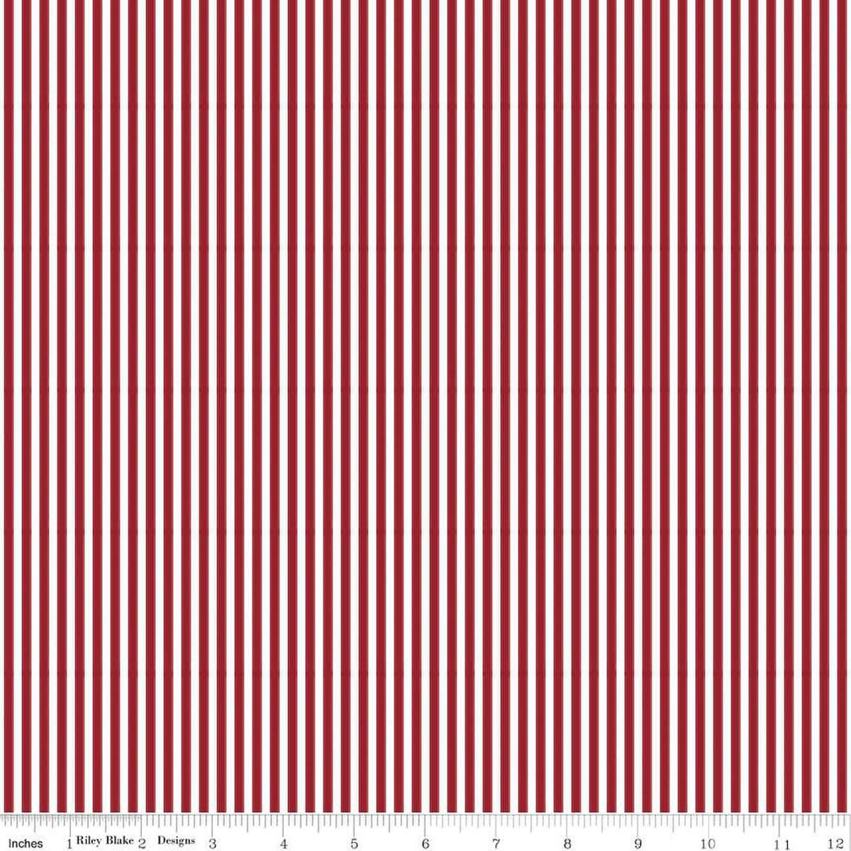 Image of the Dahlia Red eighth inch stripe on white quilting cotton fabric by Riley Blake Designs. Features a dark red stripes fabric with a white background. 
Cute Little Fabric Shop