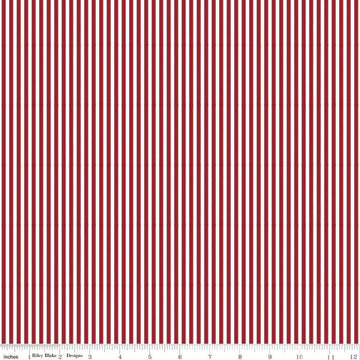 Image of the Dahlia Red eighth inch stripe on white quilting cotton fabric by Riley Blake Designs. Features a dark red stripes fabric with a white background. 
Cute Little Fabric Shop