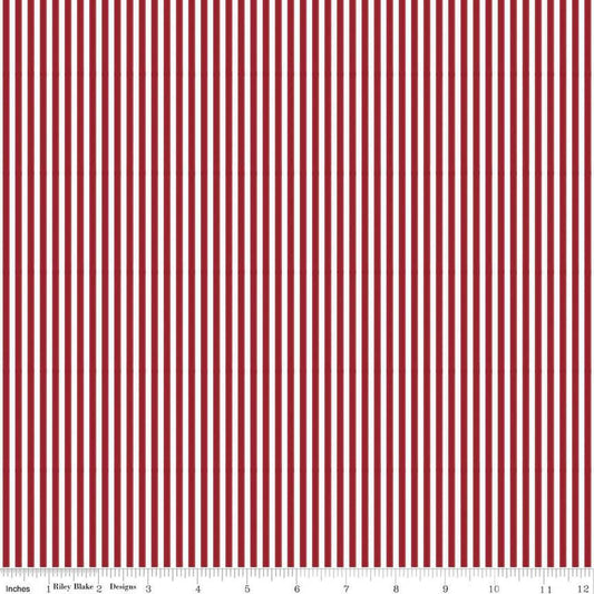Image of the Dahlia Red eighth inch stripe on white quilting cotton fabric by Riley Blake Designs. Features a dark red stripes fabric with a white background. 
Cute Little Fabric Shop