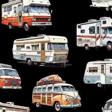 Image of the On the Road Again RVs Black quilting cotton fabric by Moda Fabrics. Features pictures of RV campers on a black background.
Cute Little Fabric Shop