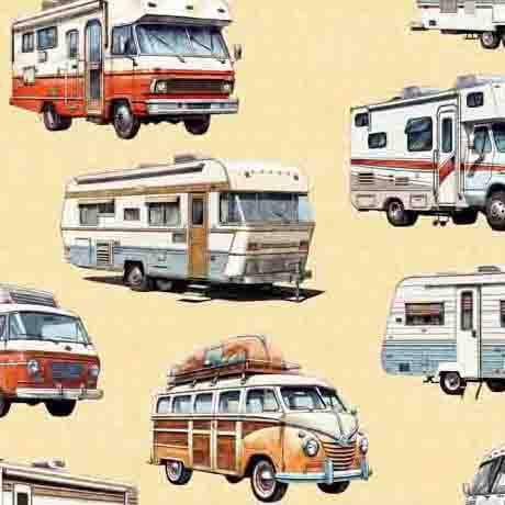 Image of the On the Road Again RVs Banana quilting cotton fabric by Moda Fabrics. Features pictures of RV campers on a yellow background.
Cute Little Fabric Shop