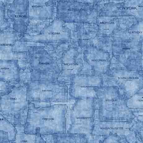 Image of the On the Road Again US States Tonal Dusty Blue quilting cotton fabric by Moda Fabrics. Features pictures of US States on a blue background.
Cute Little Fabric Shop