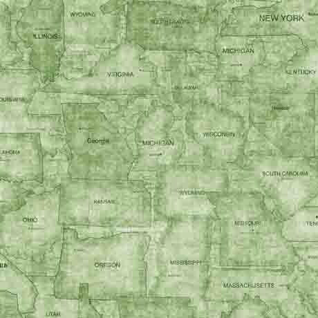 Image of the On the Road Again US States Tonal Avocado quilting cotton fabric by Moda Fabrics. Features pictures of US States on a light green background.
Cute Little Fabric Shop