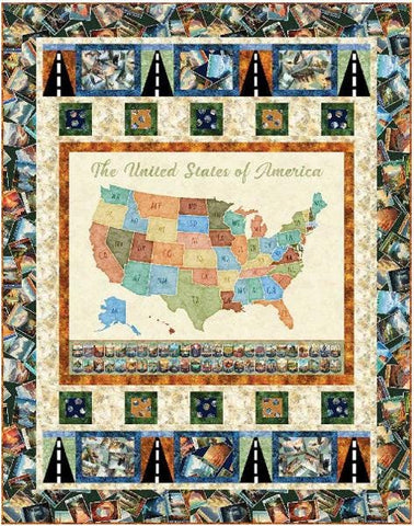 Image of the Hit the Highway Quilt Pattern by Morris Creative Group for QT Fabrics. Features a map of the US with national park images bordering it. 
Cute Little Fabric Shop