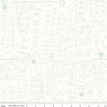 Image of the Bee Backgrounds Pattern Mint by Lori Holt for Riley Blake Designs. Features sewing patterns and measurements with green lines on a cream background. 
Cute Little Fabric Shop