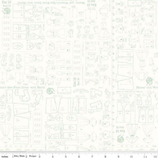 Image of the Bee Backgrounds Pattern Mint by Lori Holt for Riley Blake Designs. Features sewing patterns and measurements with green lines on a cream background. 
Cute Little Fabric Shop