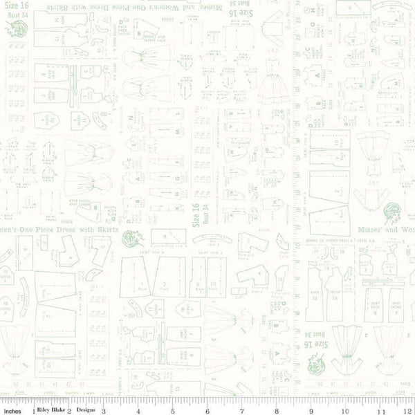 Image of the Bee Backgrounds Pattern Mint by Lori Holt for Riley Blake Designs. Features sewing patterns and measurements with green lines on a cream background. 
Cute Little Fabric Shop