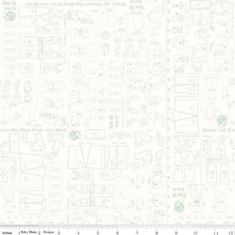 Image of the Bee Backgrounds Pattern Mint by Lori Holt for Riley Blake Designs. Features sewing patterns and measurements with green lines on a cream background. 
Cute Little Fabric Shop