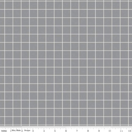 Image of the Midnight Meadow Grid Gray by My Minds Eye for Riley Blake Designs. Features a grid plaid pattern on a gray background. 
Cute Little Fabric Shop