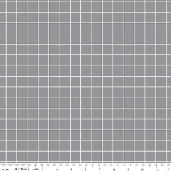 Image of the Midnight Meadow Grid Gray by My Minds Eye for Riley Blake Designs. Features a grid plaid pattern on a gray background. 
Cute Little Fabric Shop