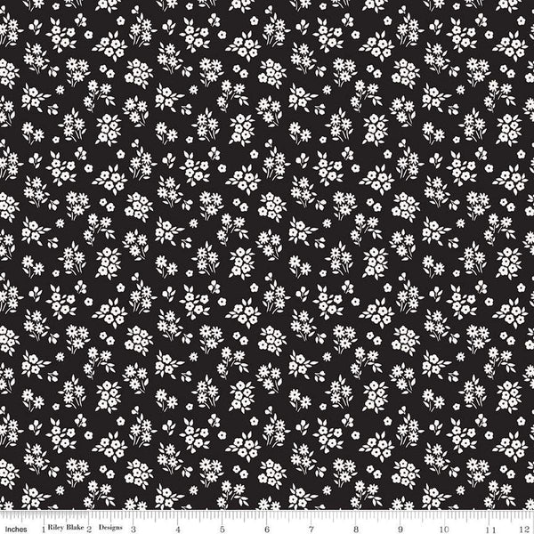 Image of the Midnight Meadow Bouquets Black by My Minds Eye for Riley Blake Designs. Features small floral bouquets on a black background. 
Cute Little Fabric Shop