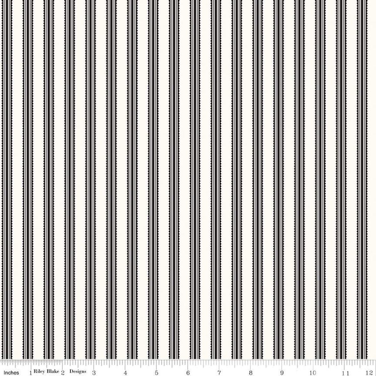 Image of the Midnight Meadow Stripes Cream by My Minds Eye for Riley Blake Designs. Features a ticking stripe on a cream white background. 
Cute Little Fabric Shop