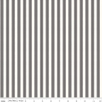 Image of the Midnight Meadow Stripes Cream by My Minds Eye for Riley Blake Designs. Features a ticking stripe on a cream white background. 
Cute Little Fabric Shop