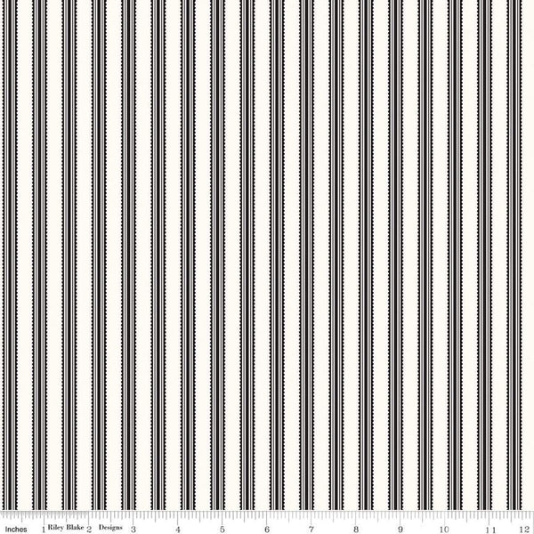 Image of the Midnight Meadow Stripes Cream by My Minds Eye for Riley Blake Designs. Features a ticking stripe on a cream white background. 
Cute Little Fabric Shop