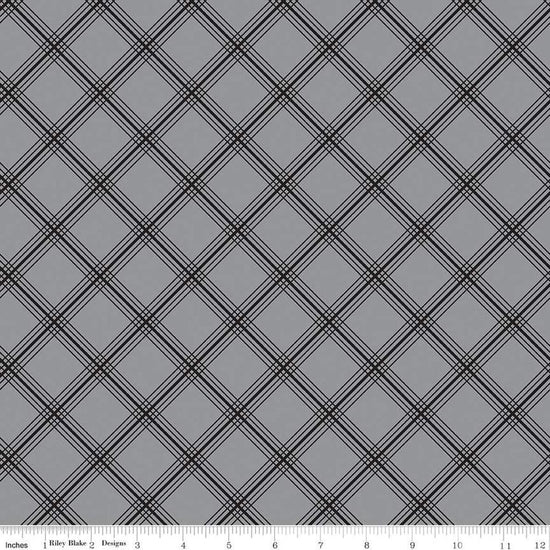 Image of the Midnight Meadow Plaid Gray by My Minds Eye for Riley Blake Designs. Features a diagonal grid plaid pattern on a gray background. 
Cute Little Fabric Shop