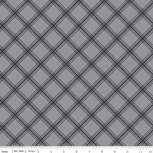 Image of the Midnight Meadow Plaid Gray by My Minds Eye for Riley Blake Designs. Features a diagonal grid plaid pattern on a gray background. 
Cute Little Fabric Shop