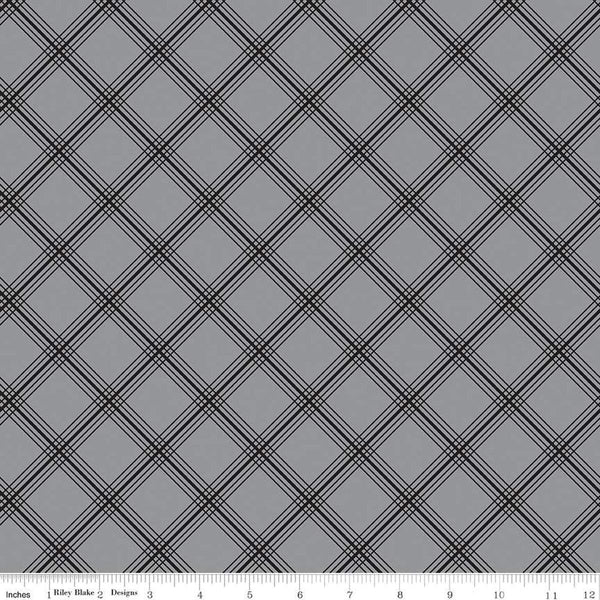 Image of the Midnight Meadow Plaid Gray by My Minds Eye for Riley Blake Designs. Features a diagonal grid plaid pattern on a gray background. 
Cute Little Fabric Shop