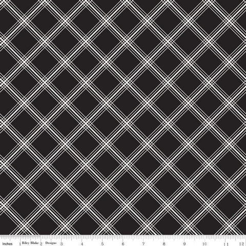 Image of the Midnight Meadow Plaid Black by My Minds Eye for Riley Blake Designs. Features a diagonal grid plaid pattern on a black background. 
Cute Little Fabric Shop