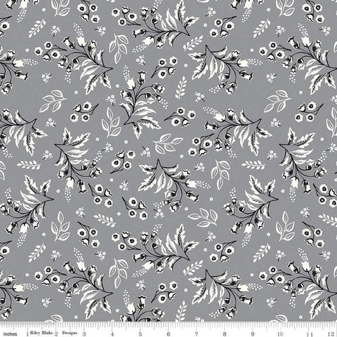 Image of the Midnight Meadow Stems Gray by My Minds Eye for Riley Blake Designs. Features sprigs of flowers and leaves on a gray background. 
Cute Little Fabric Shop