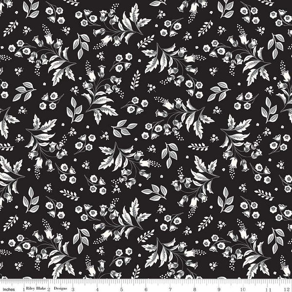 Image of the Midnight Meadow Stems Black by My Minds Eye for Riley Blake Designs. Features sprigs of flowers and leaves on a black background. 
Cute Little Fabric Shop