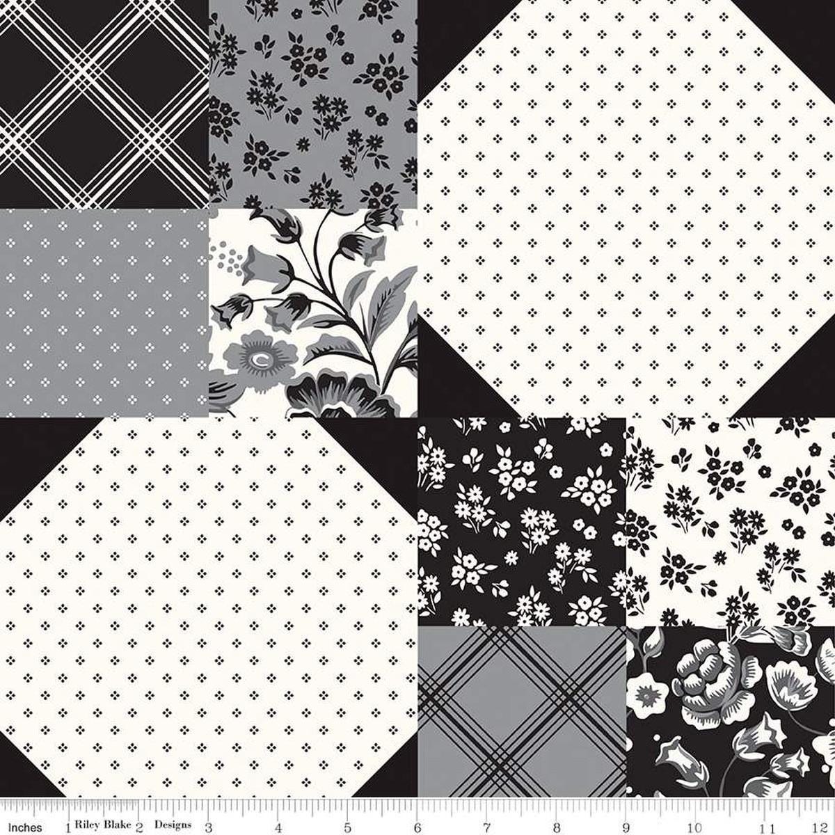 Image of the Midnight Meadow Cheater Print  Cream by My Minds Eye for Riley Blake Designs. Features a four-patch and snowball block quilt design with cream, black, and gray. 
Cute Little Fabric Shop