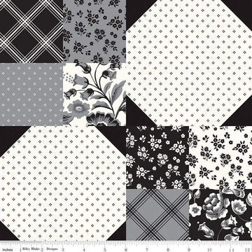 Image of the Midnight Meadow Cheater Print  Cream by My Minds Eye for Riley Blake Designs. Features a four-patch and snowball block quilt design with cream, black, and gray. 
Cute Little Fabric Shop