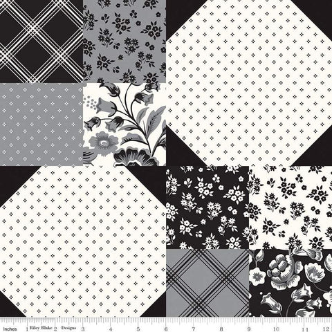 Image of the Midnight Meadow Cheater Print  Cream by My Minds Eye for Riley Blake Designs. Features a four-patch and snowball block quilt design with cream, black, and gray. 
Cute Little Fabric Shop