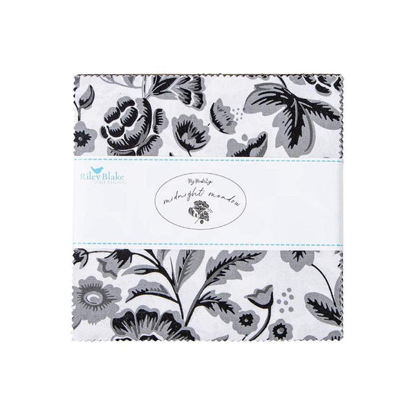 Image of the Midnight Meadow Quilting Cotton 5 Inch Stacker by My Minds Eye for Riley Blake Designs. Features black, white, and grey fabrics with various patterns.
Cute Little Fabric Shop