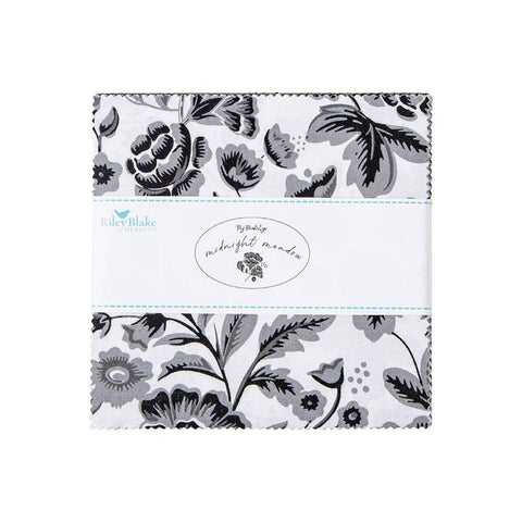 Image of the Midnight Meadow Quilting Cotton 5 Inch Stacker by My Minds Eye for Riley Blake Designs. Features black, white, and grey fabrics with various patterns.
Cute Little Fabric Shop