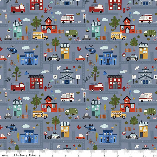 Image of the It Takes a Village Main Smoke quilting cotton fabric by Jennifer Long for Riley Blake Designs. Features neighborhood scenery on a grey blue background. 
Cute Little Fabric Shop