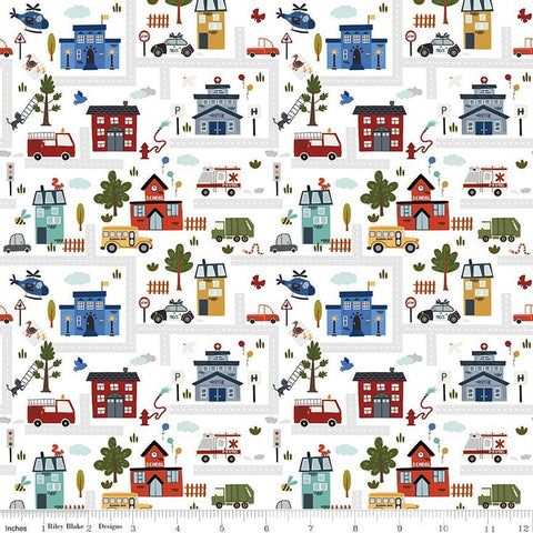Image of the It Takes a Village Main Cloud quilting cotton fabric by Jennifer Long for Riley Blake Designs. Features neighborhood scenery on a cloud white background. 
Cute Little Fabric Shop