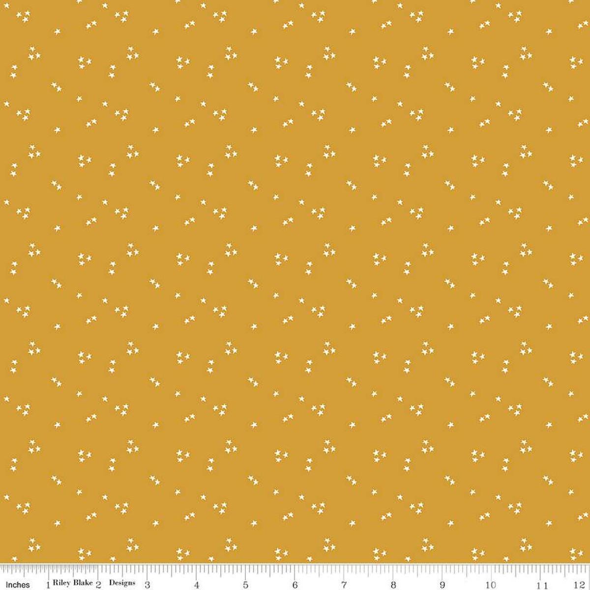Image of the It Takes a Village Shining Star Honey quilting cotton fabric by Jennifer Long for Riley Blake Designs. Features small scattered stars on a darker yellow background. 
Cute Little Fabric Shop