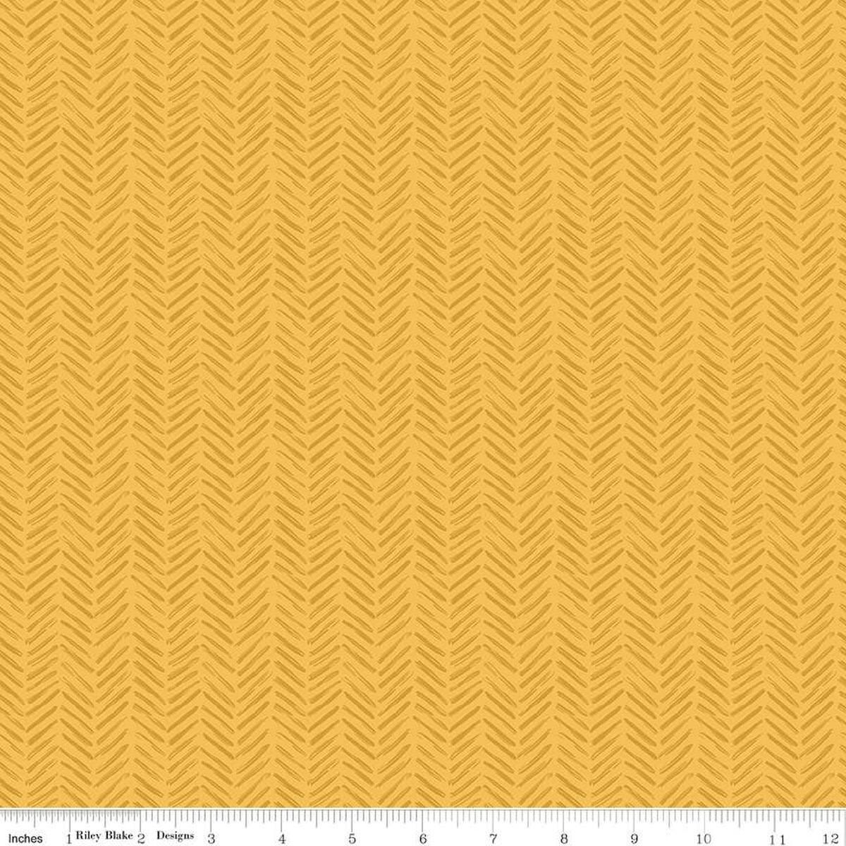 Image of the It Takes a Village Tread Marks Sunshine quilting cotton fabric by Jennifer Long for Riley Blake Designs. Features a tone-on-tone herringbone pattern a yellow background. 
Cute Little Fabric Shop
