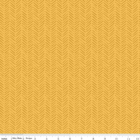 Image of the It Takes a Village Tread Marks Sunshine quilting cotton fabric by Jennifer Long for Riley Blake Designs. Features a tone-on-tone herringbone pattern a yellow background. 
Cute Little Fabric Shop