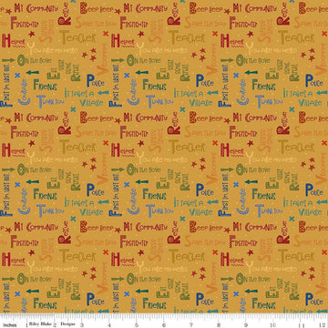 Image of the It Takes a Village Community Text Honey quilting cotton fabric by Jennifer Long for Riley Blake Designs. Features text related to community first responders on a honey yellow background. 
Cute Little Fabric Shop